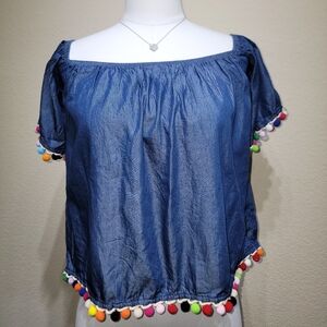 Hot & Delicious Denim Blue Off-Shoulder Blouse with Colorful Pom Pom Trim